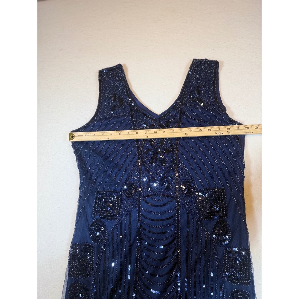 Kaymiga Women's Navy Blue Beaded Sequin Flapper Dress V-Neck Sleeveless - Picture 5 of 6